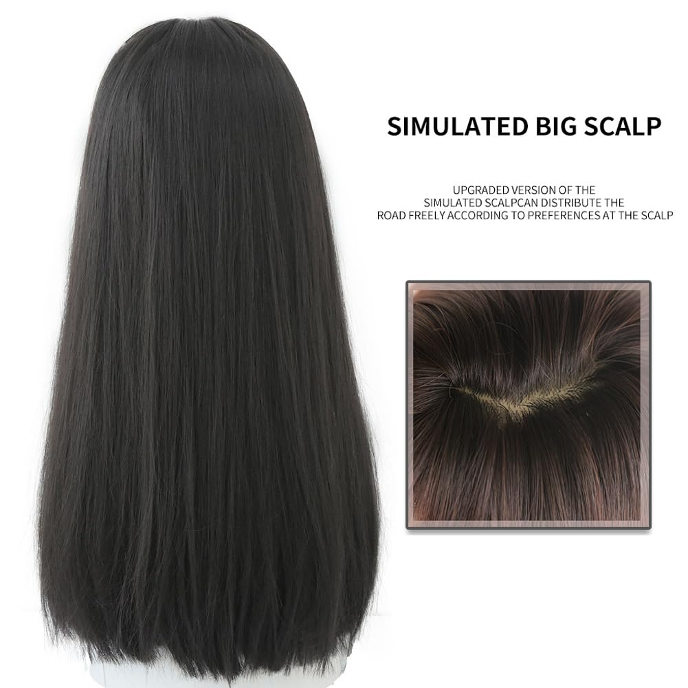 22 Inches long Hair Wig for Women Black Synthetic Hair Natural Long Straight Wig With Bangs Party Cosplay Wig for Girl (Black brown)