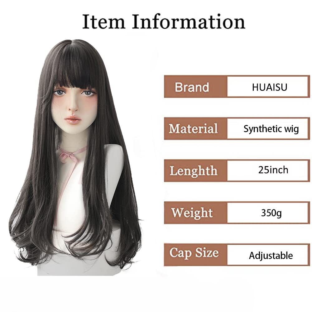 Long Black Wig With Bangs Natural Hair Wig for Women Cosplay Wig (Black, 25inch)