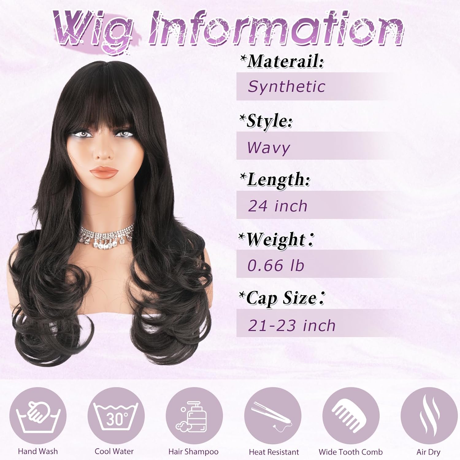 Haloo Brown Wigs with Bangs Long Wavy Layered Haircut Natural Looking Fluffy Synthetic Heat Resistant Hair Wig for Women Daily Party, 24 Inch Dark Brown