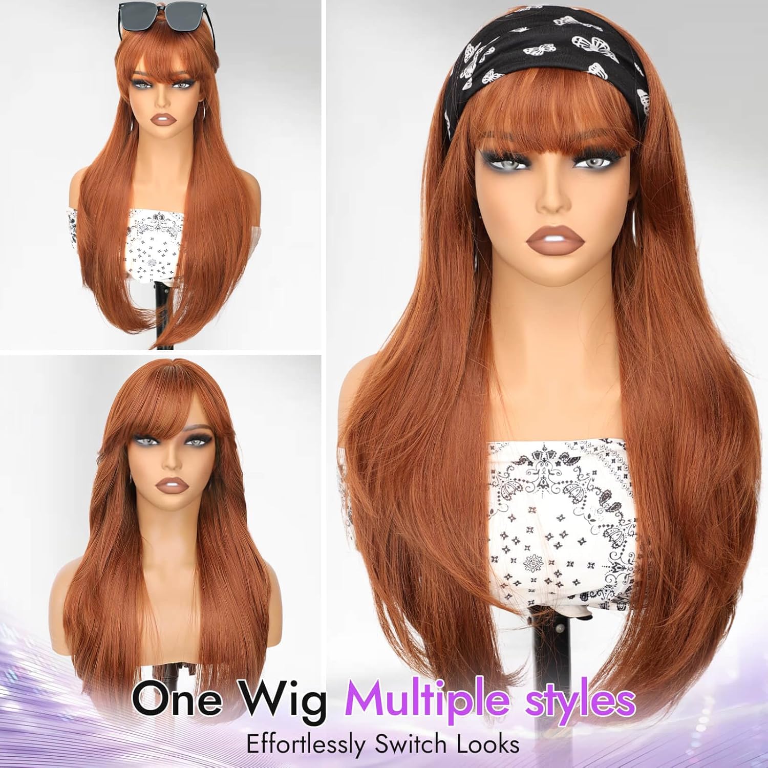 Long Ginger Wig with Bangs for Women,4x4 Realistic Scalp, Free Parting,Layered Hairstyle Synthetic Heat Resistant for Daily Party Use 26 inch